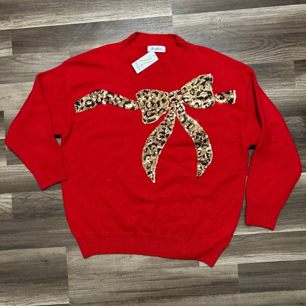 HerringStones Women Sweater L Red Leopard Bow Crewneck Sequin Coquette Christmas
